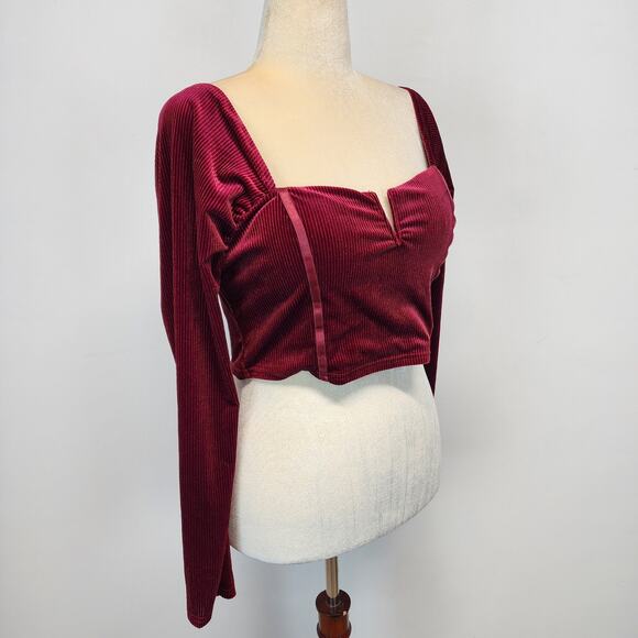 Haute Monde Crop Velour Corset Top Size XL Deep Red Sweetheart V-neck Goth 90s - Picture 2 of 10